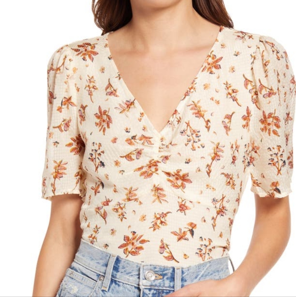 Madewell Floral Silk Ruched Front Puff Sleeve V-neck Top NEW